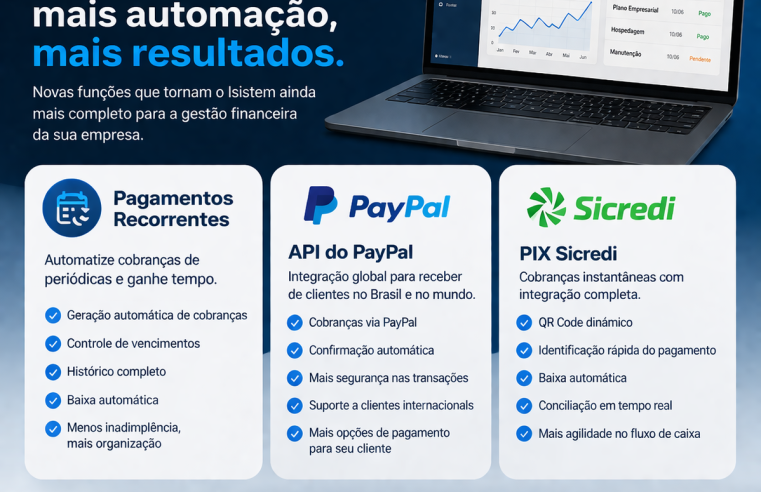 Isistem evolui novas funções de pagamentos recorrentes API PayPal e PIX Sicredi chegam nas últimas versões